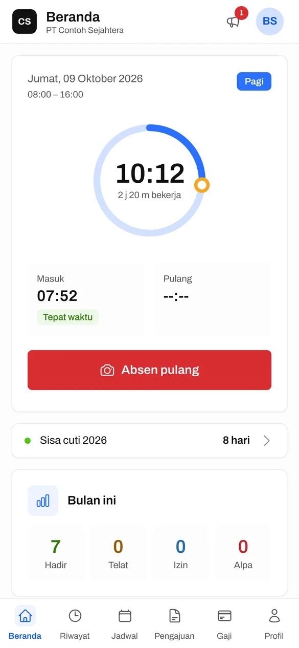 Mejakerja di HP: beranda karyawan untuk absen